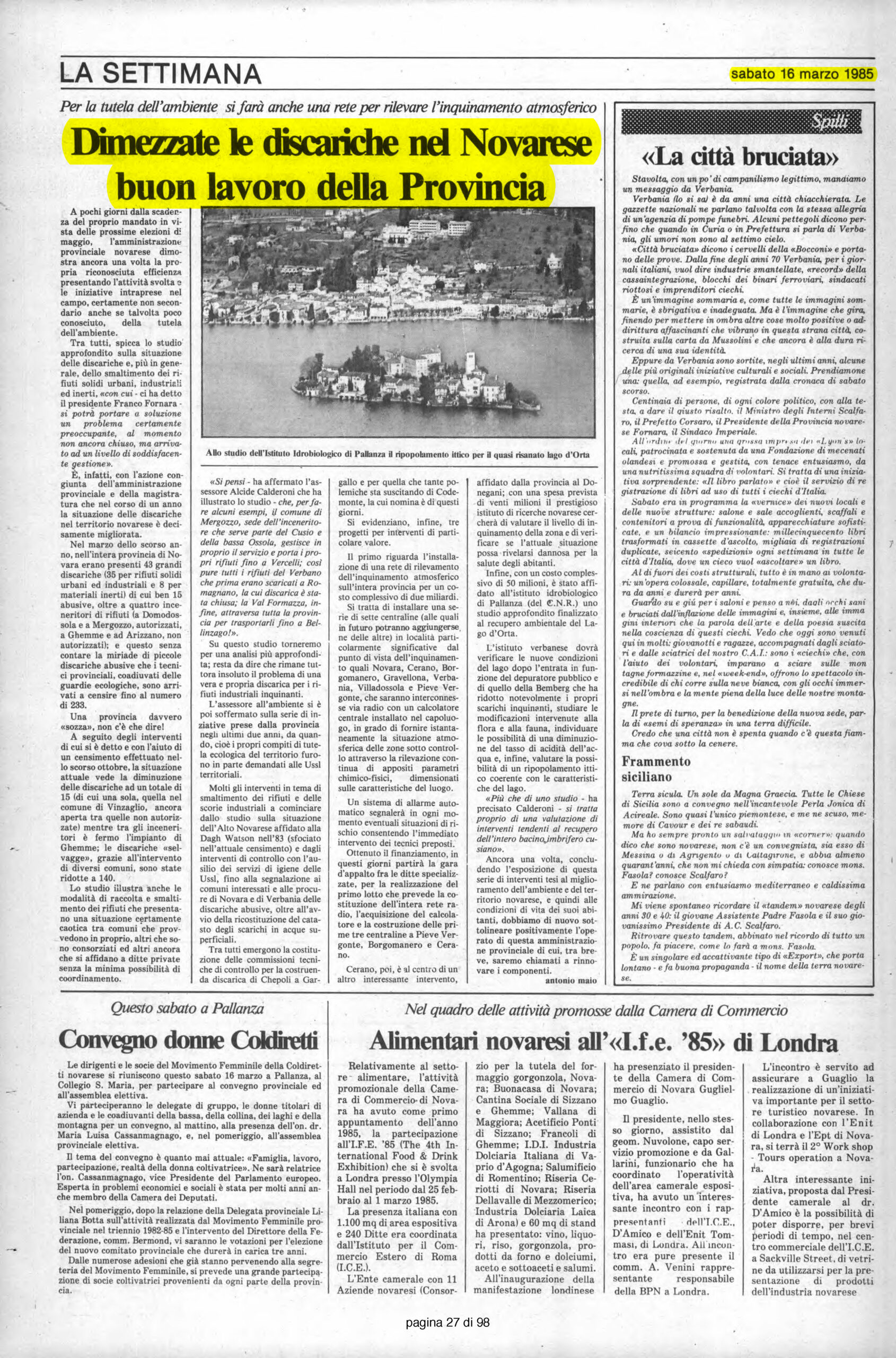 IL VERBANO del 16.03.1985