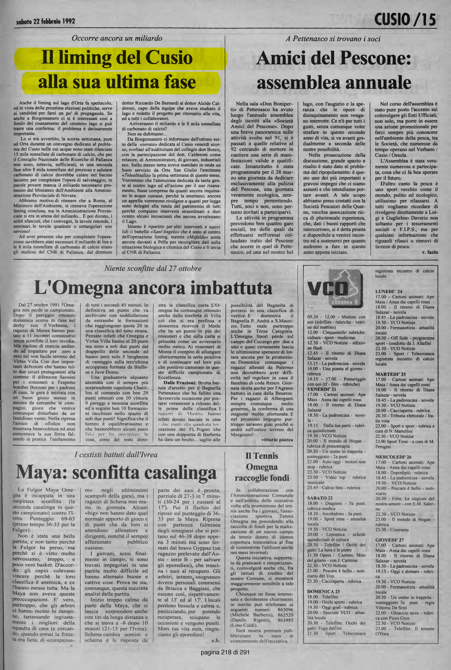 IL VERBANO del 22.02.1992