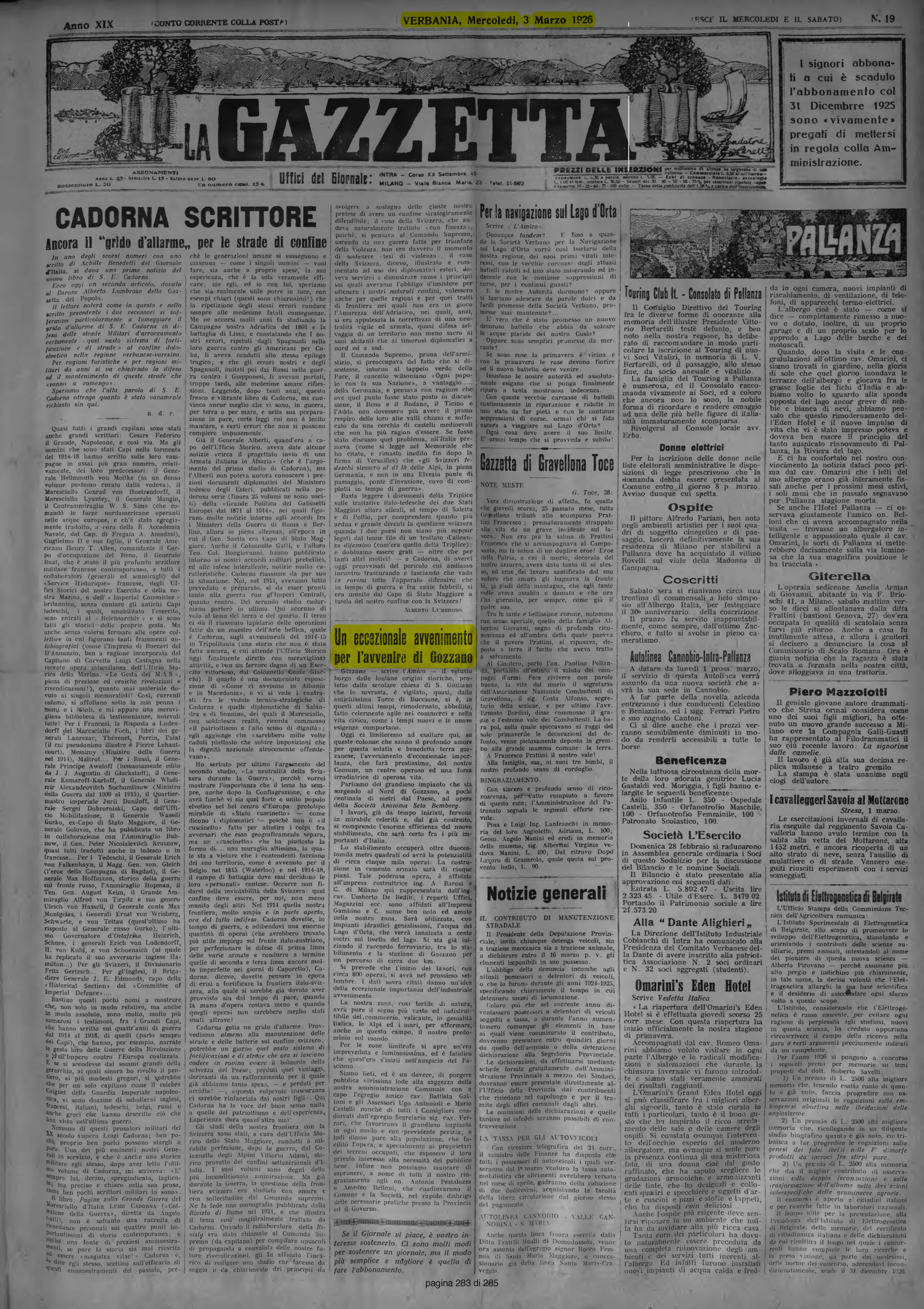 LA GAZZETTA del 03.03.1926