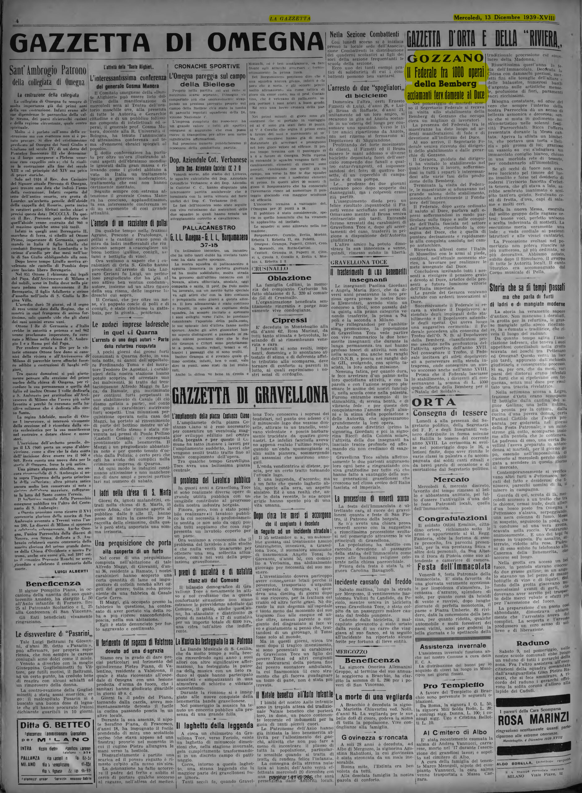 LA GAZZETTA del 13.12.1939