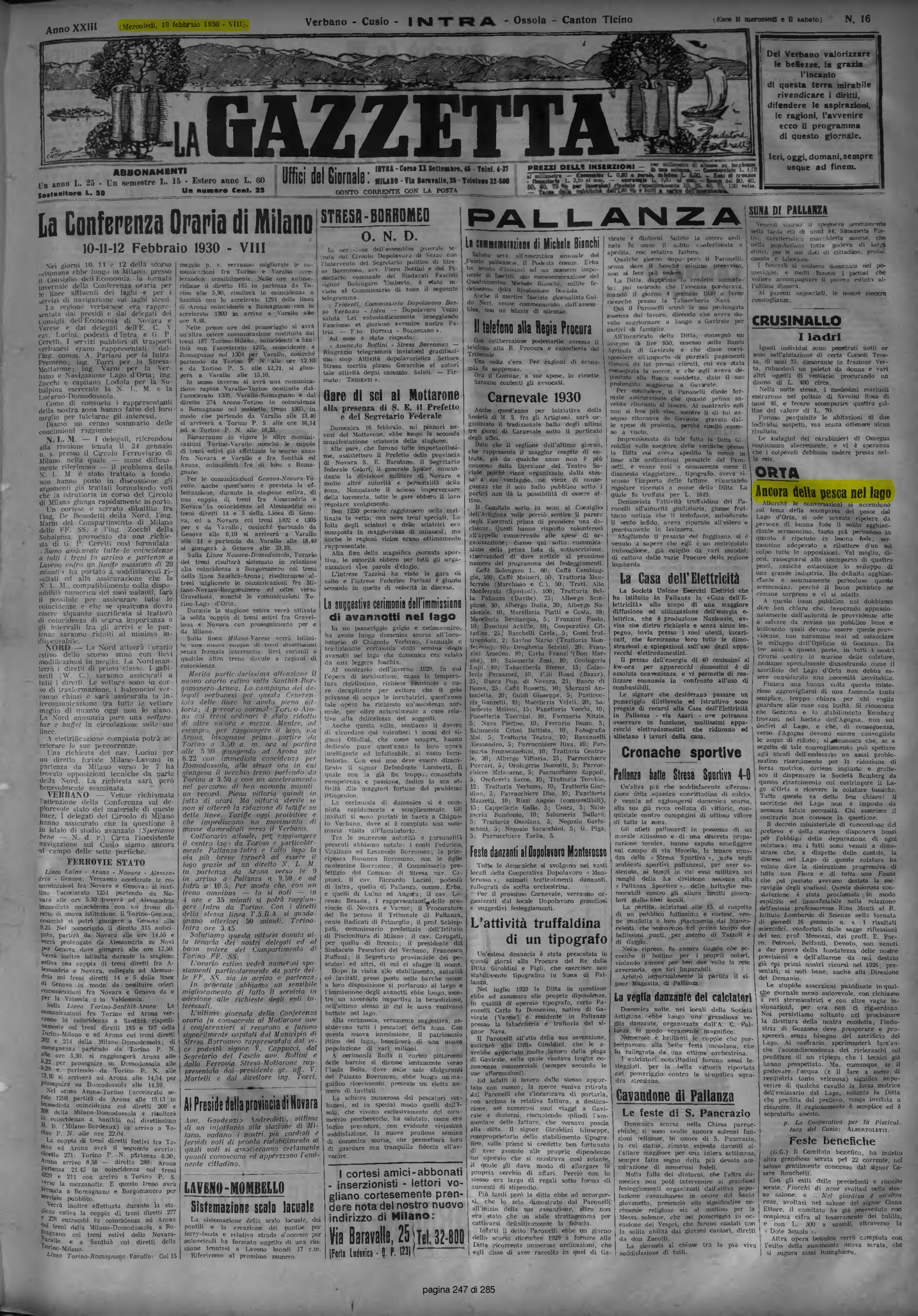 LA GAZZETTA del 19.02.1930