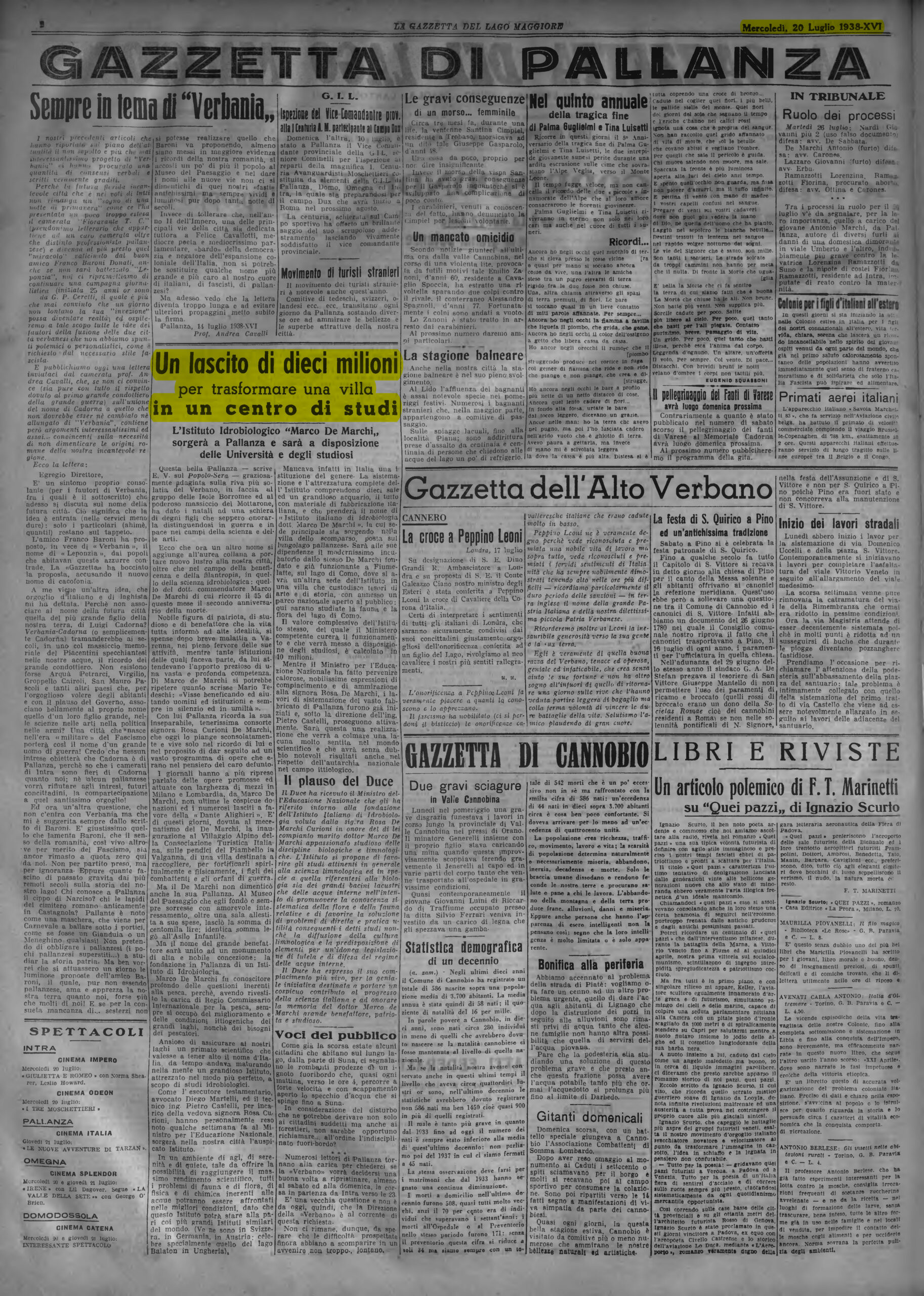 LA GAZZETTA del 20.07.1938