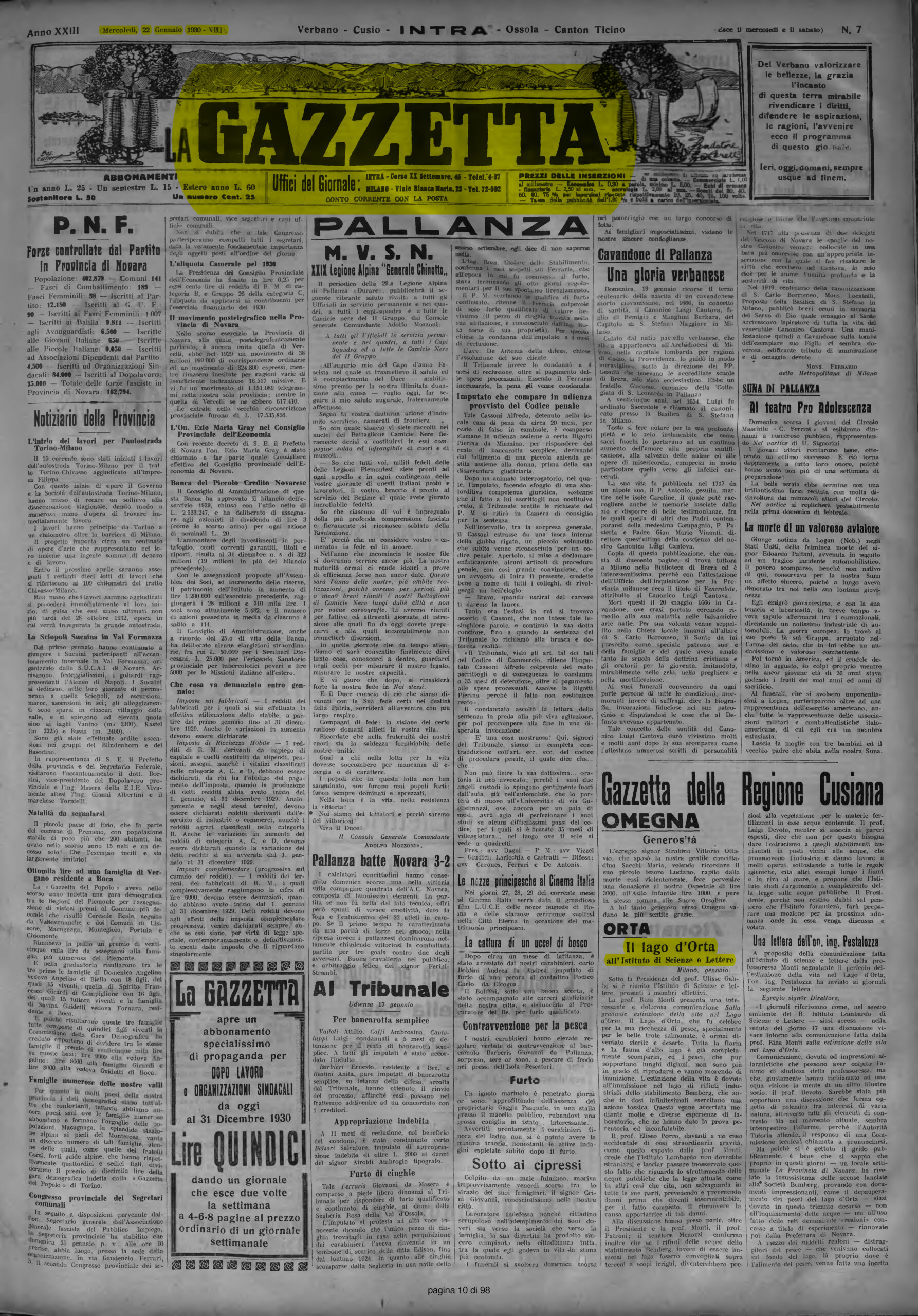 LA GAZZETTA del 22.01.1930