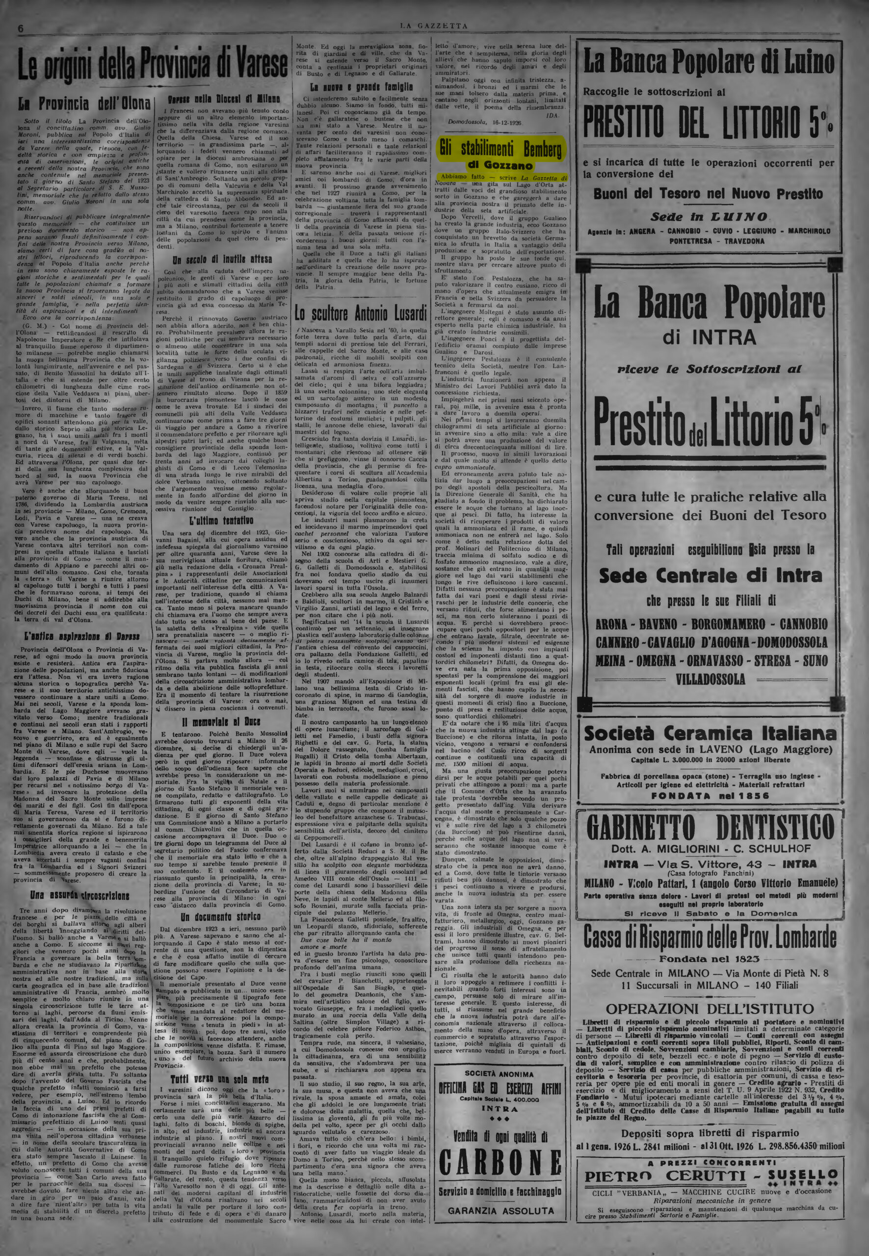 LA GAZZETTA del 25.12.1926